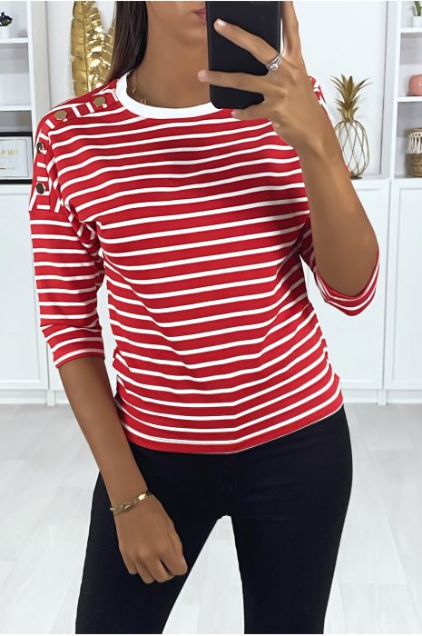 Haut rayé rouge et blanc avec boutons doré aux épaules - 1