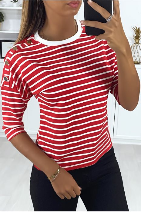 Haut rayé rouge et blanc avec boutons doré aux épaules - 4