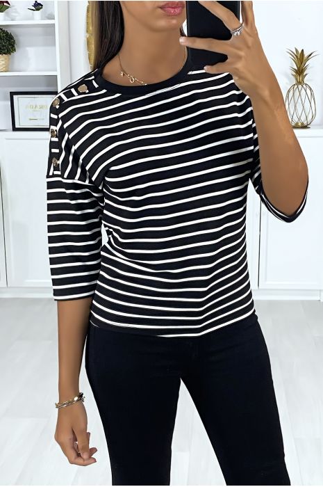 Haut rayé noir et blanc avec boutons doré aux épaules - 1