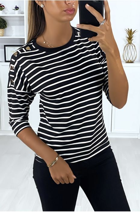 Haut rayé noir et blanc avec boutons doré aux épaules - 2