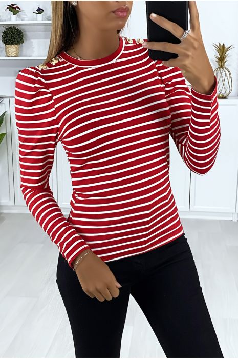 Haut rayé rouge et blanc manches longue avec boutons doré aux épaules - 1