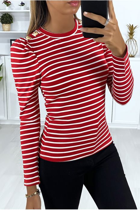 Haut rayé rouge et blanc manches longue avec boutons doré aux épaules - 3