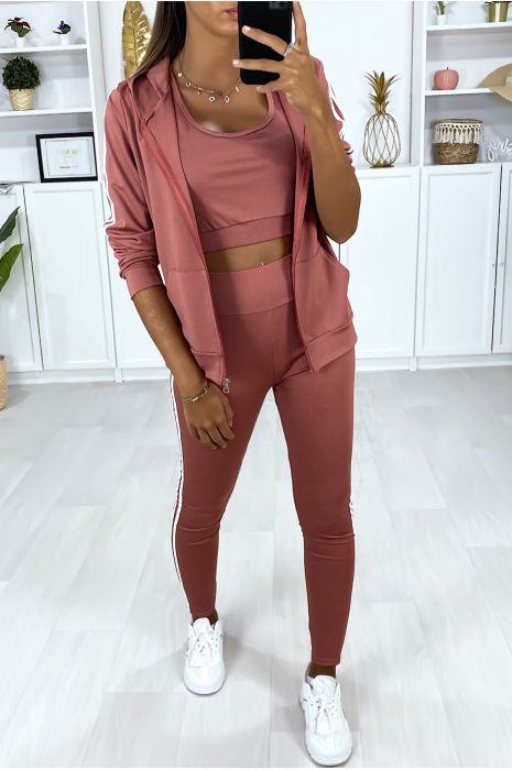 Ensemble fitness 3 pièces legging débardeur et gilet fuchsia à bande blanche - 4