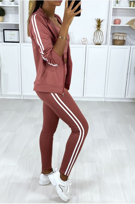 Ensemble fitness 3 pièces legging débardeur et gilet fuchsia à bande blanche - 5