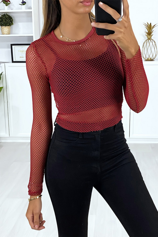 Very stretchy burgundy mesh sweater - 1
