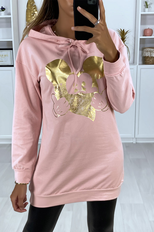 Long pink hoodie with gold design on the front - 2
