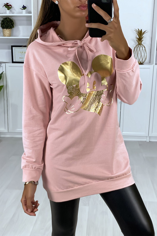 Long pink hoodie with gold design on the front - 3