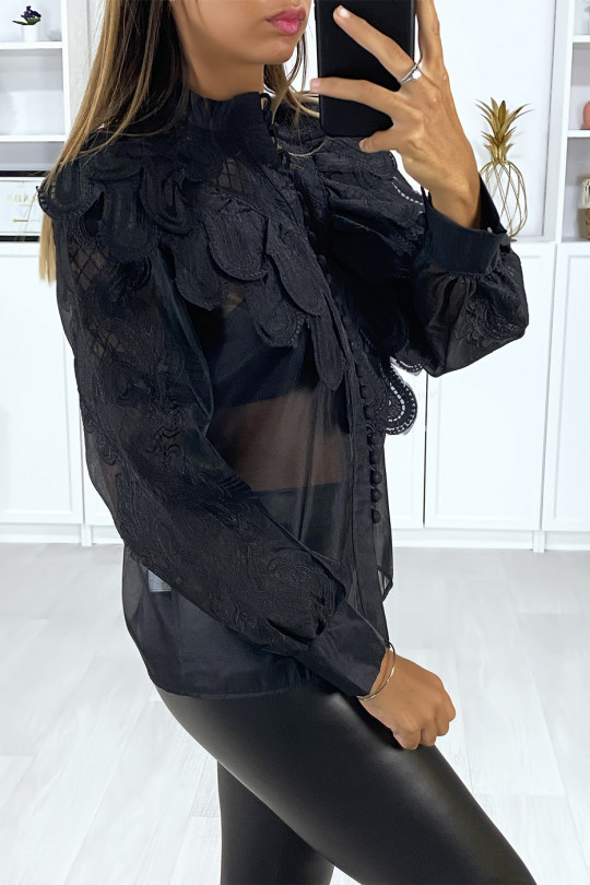 Zwart voile overhemd met borduursel - 5