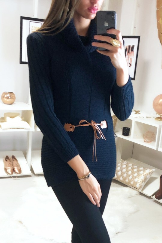 Pretty navy tight tunic sweater with small camel belt - 1