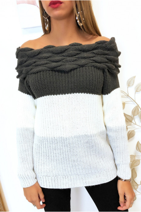 Jolie pull tri color avec col bateau en kaki - 1