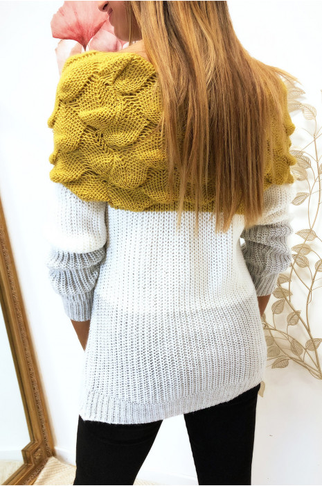 JoPJe pull tri color avec col bateau en moutarde - 4