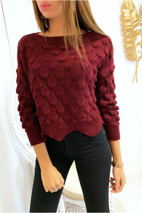 Pull court en bordeaux tressé en forme de feuille - 5