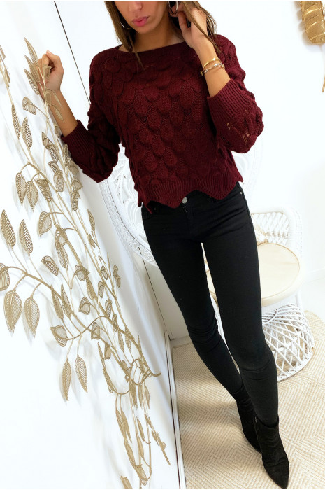 Pull court en bordeaux tressé en forme de feuille - 4