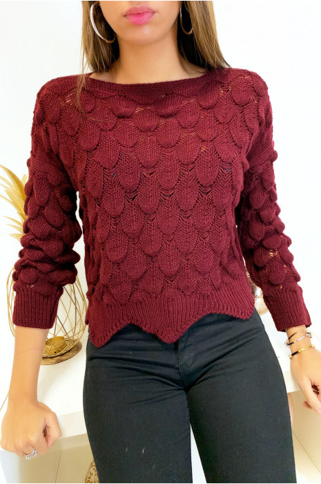 Pull court en bordeaux tressé en forme de feuille - 6