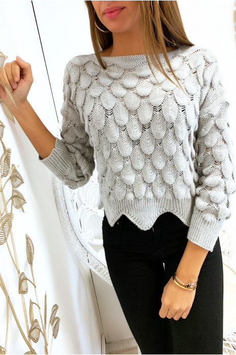 Pull court en gris tressé en forme de feuille - 1