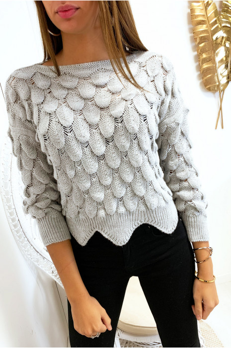 Pull court en gris tressé en forme de feuille - 3