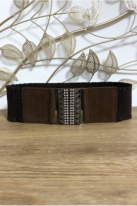 Brown belt with rhinestones and suede at the front and elastic at the waist - 1
