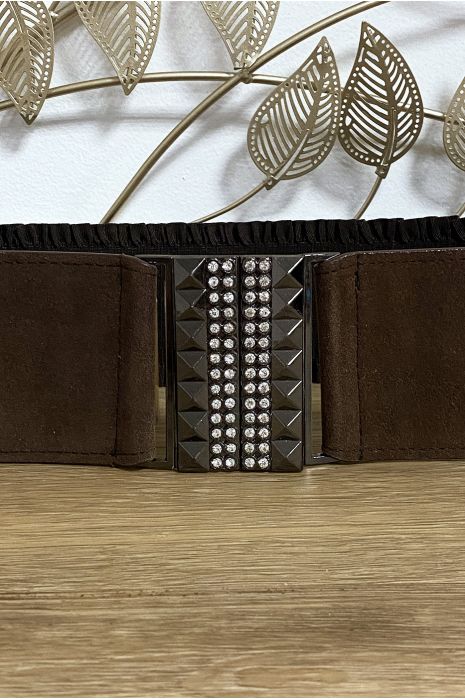 Brown belt with rhinestones and suede at the front and elastic at the waist - 2