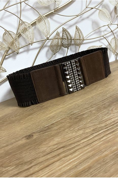 Brown belt with rhinestones and suede at the front and elastic at the waist - 3