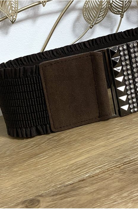 Ceinture marron avec strass et suédine à l'avant et élastique à la taille - 4