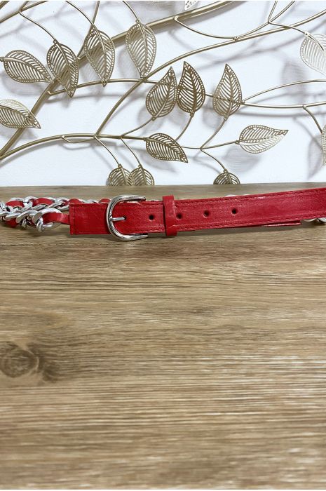 Red belt in faux leather with braided chain - 1