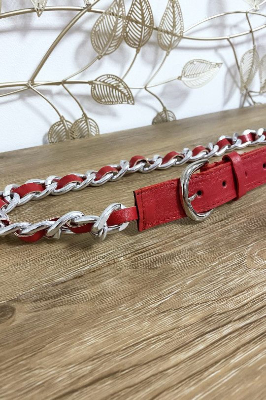 Red belt in faux leather with braided chain - 3