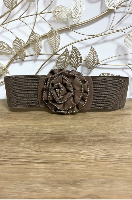 Ceinture marron avec boucle en forme de fleure ornée de strass - 1