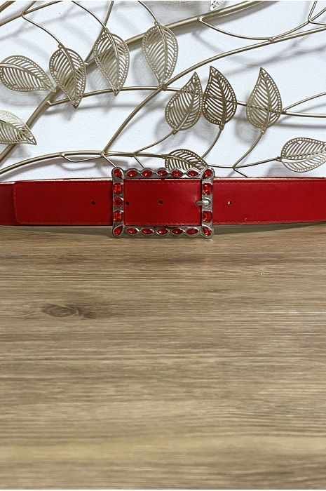 Ceinture rouge boucle rectangulaire ornée de strass - 1