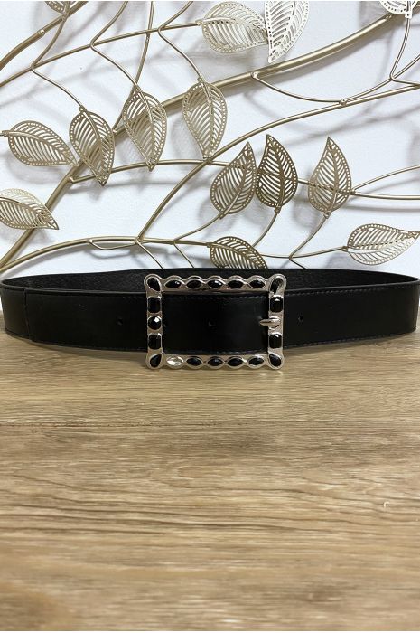 Black belt with rectangular buckle decorated with rhinestones - 1