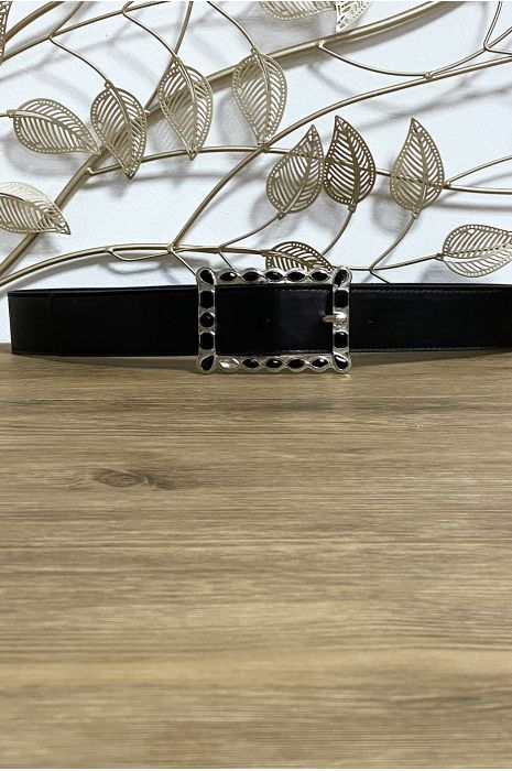 Black belt with rectangular buckle decorated with rhinestones - 2