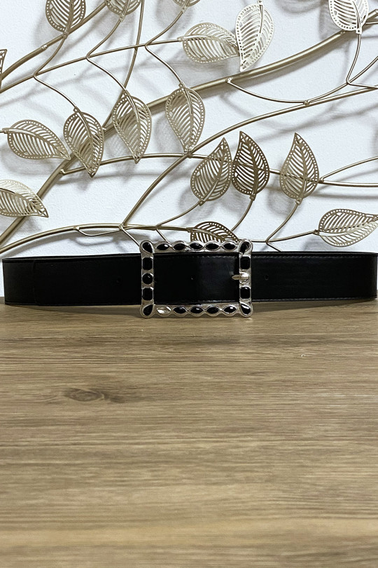 Black belt with rectangular buckle decorated with rhinestones - 3