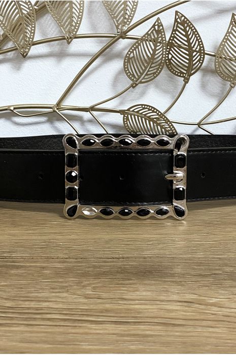 Ceinture noire boucle rectangulaire ornée de strass - 4