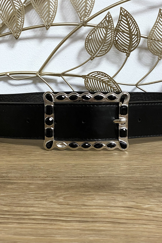 Black belt with rectangular buckle decorated with rhinestones - 4