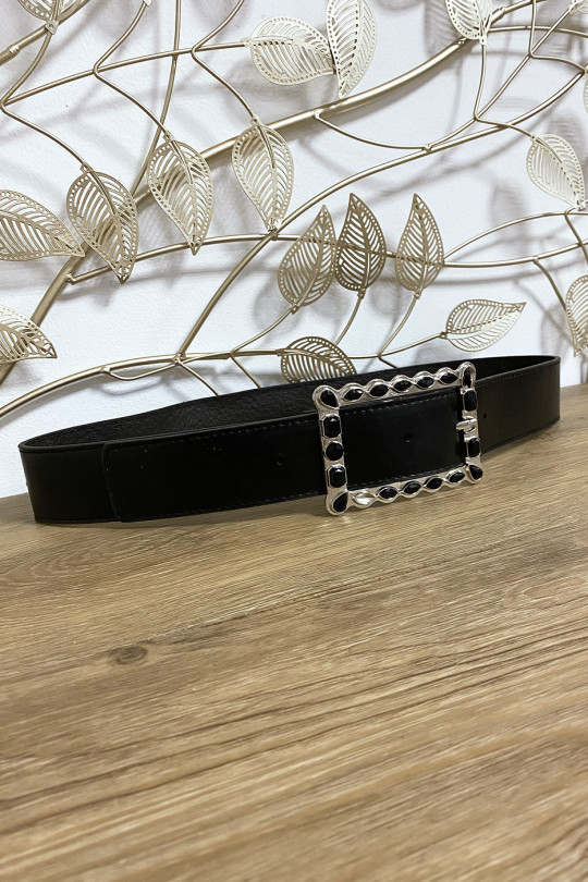 Black belt with rectangular buckle decorated with rhinestones - 5
