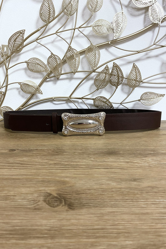 Brown faux leather belt with rectangular silver buckle - 1