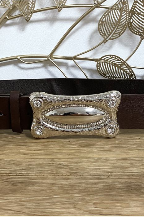 Ceinture marron en simili avec boucle rectangulaire argenté - 2