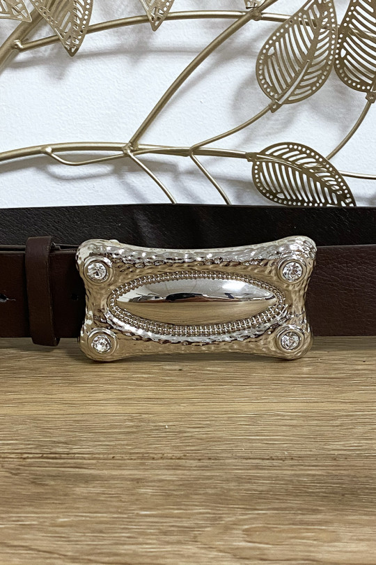 Brown faux leather belt with rectangular silver buckle - 2