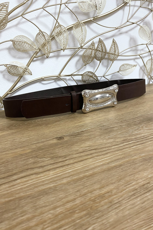 Brown faux leather belt with rectangular silver buckle - 3