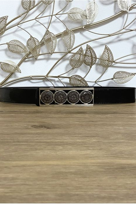 Zwarte riem met 4 beige steentjes bij de gesp - 1