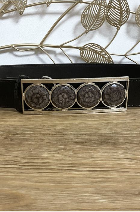 Zwarte riem met 4 beige steentjes bij de gesp - 2