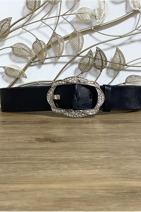 Large black belt with buckle decorated with rhinestones - 1