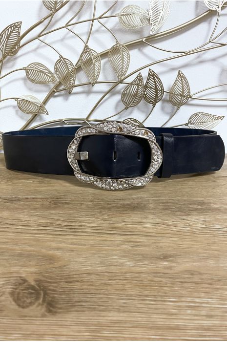 Large black belt with buckle decorated with rhinestones - 2