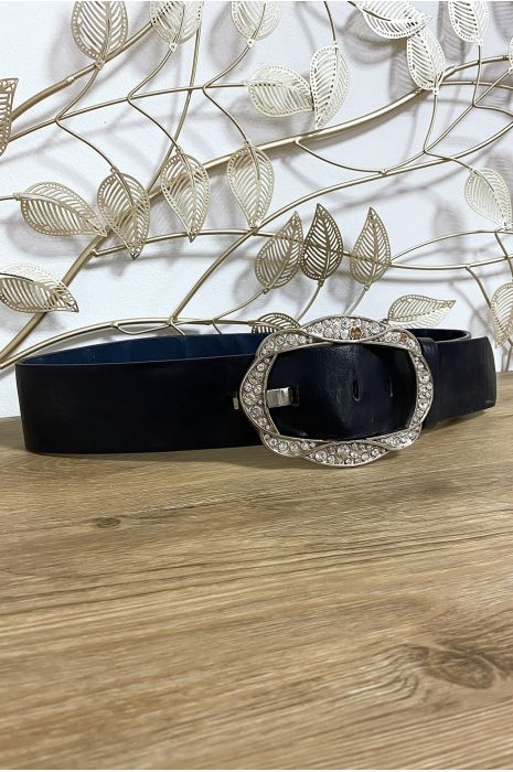 Large black belt with buckle decorated with rhinestones - 4