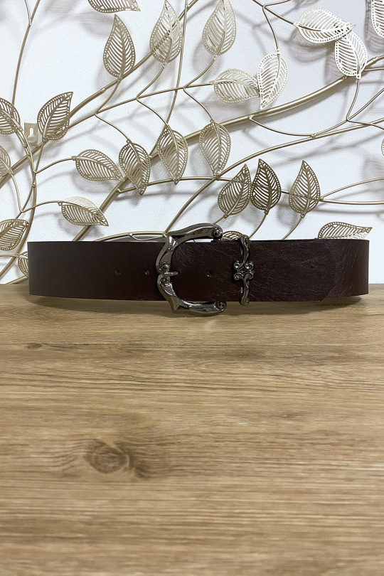 Large brown faux leather belt with pretty buckle - 1