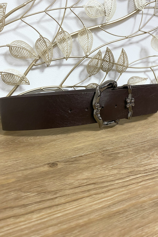 Large brown faux leather belt with pretty buckle - 2