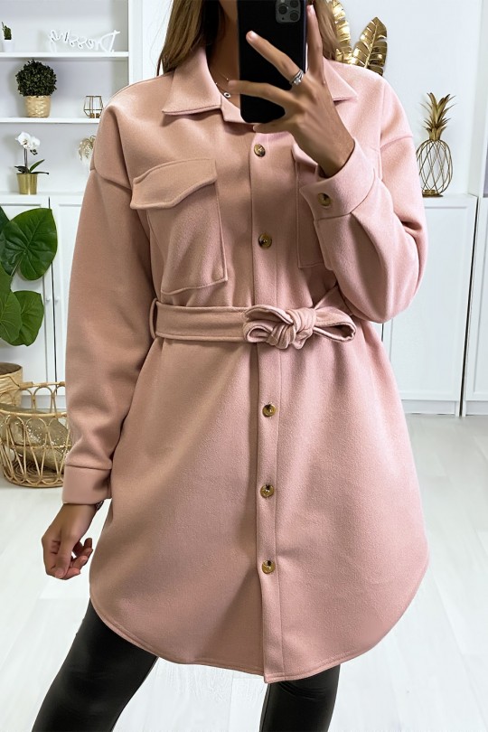 Shirt dress Rose thick material and belt at the waist. - 1