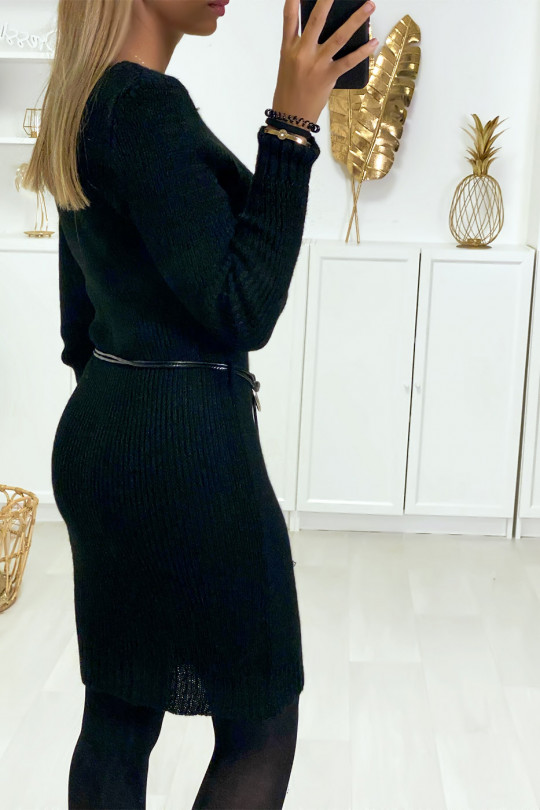 Black knit sweater dress and faux leather belt. - 6