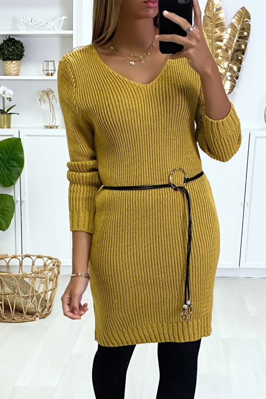 Mustard sweater dress in mesh and faux leather belt. - 1
