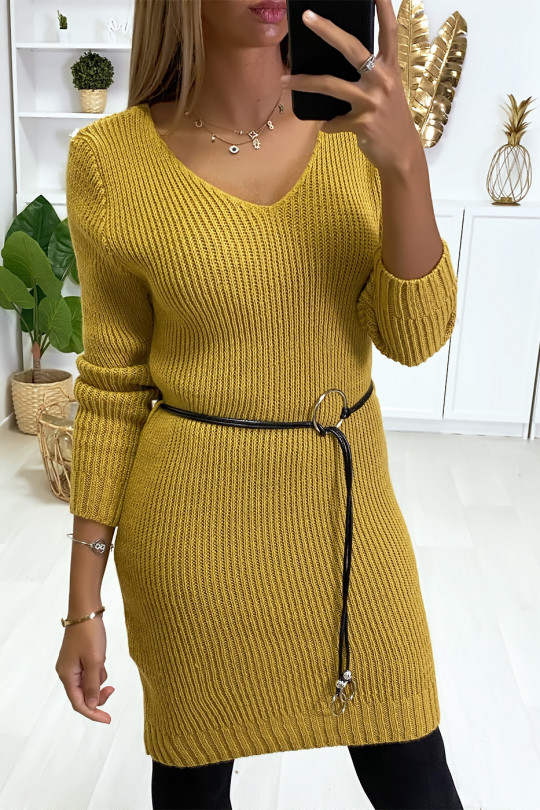 Mustard sweater dress in mesh and faux leather belt. - 3