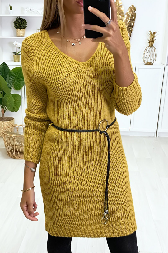 Mustard sweater dress in mesh and faux leather belt. - 4